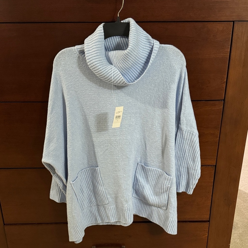 NWT Loft Women's Light Blue Turtleneck Sweater with front pocket detail